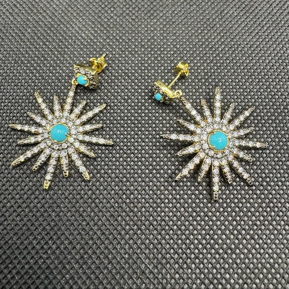 14K Yellow Gold Plated Turquoise & Swarovski Crystal Accented Starburst Earrings - Picture 3 of 5